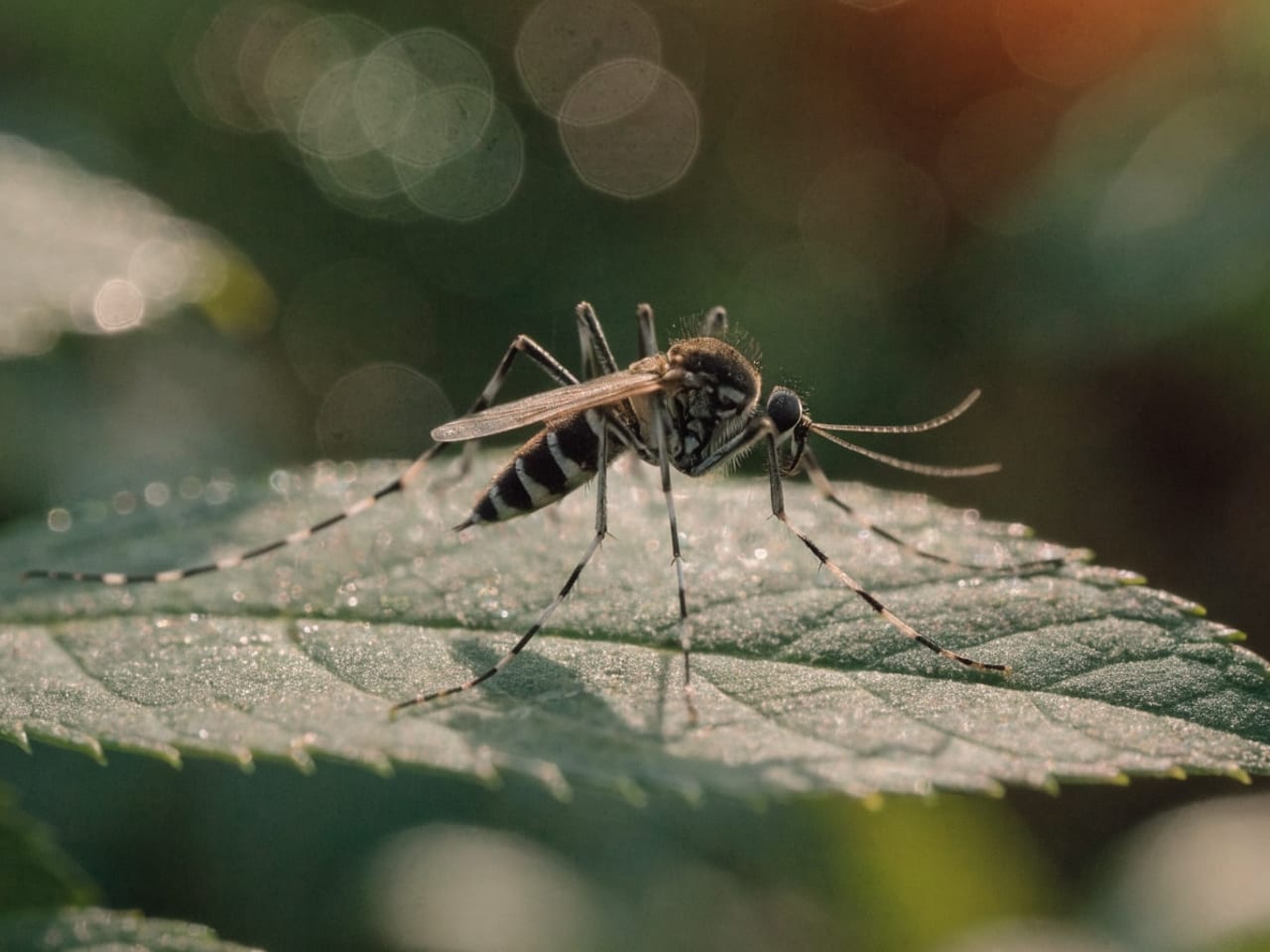 Primer plano de un mosquito tigre sobre una hoja con gotas de agua