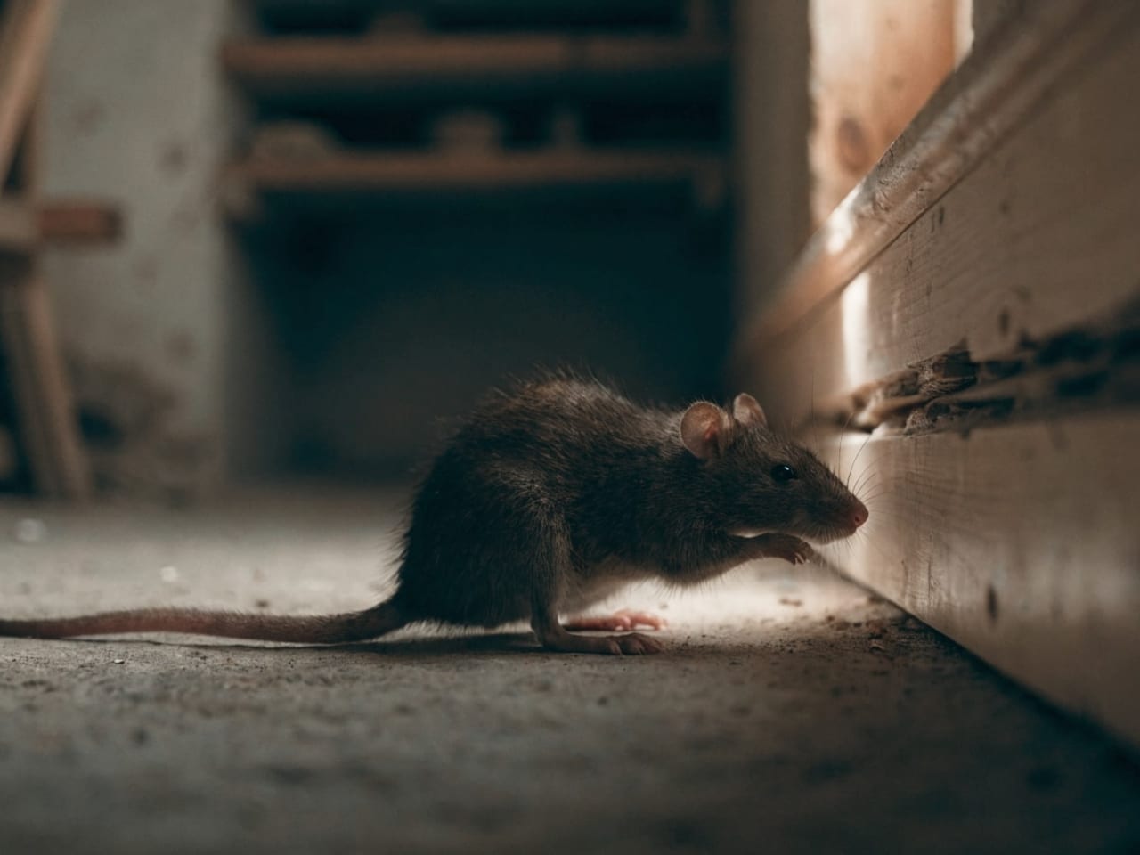 Rata junto al rodapié de madera en un sótano