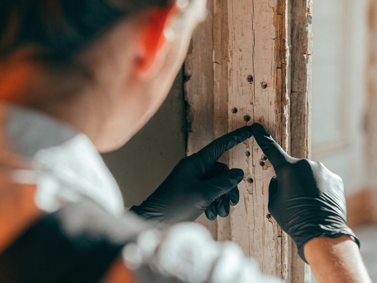 Inspección de un marco de madera con posibles termitas
