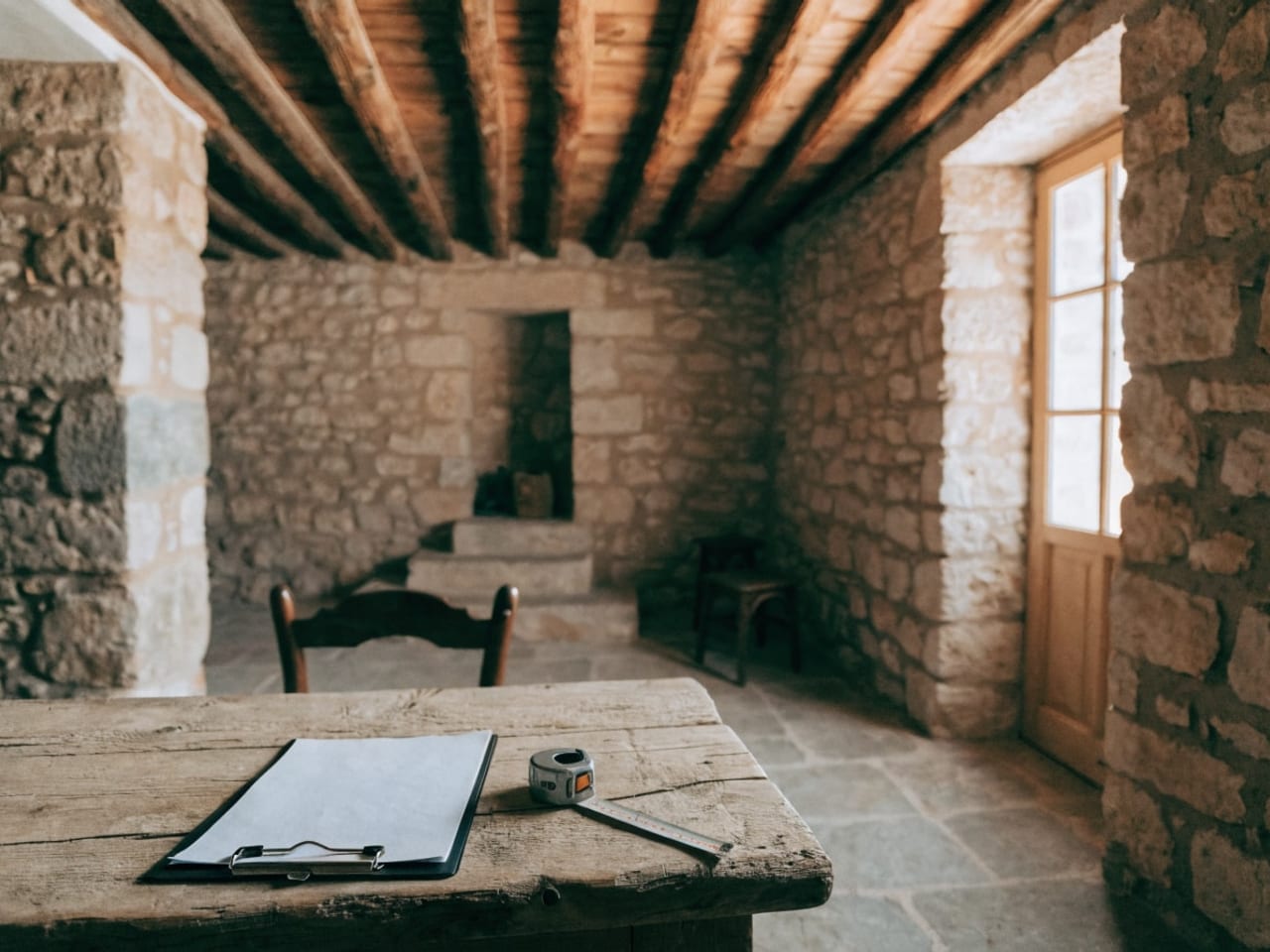 Interior de una casa antigua de Mallorca con vigas de madera a la vista