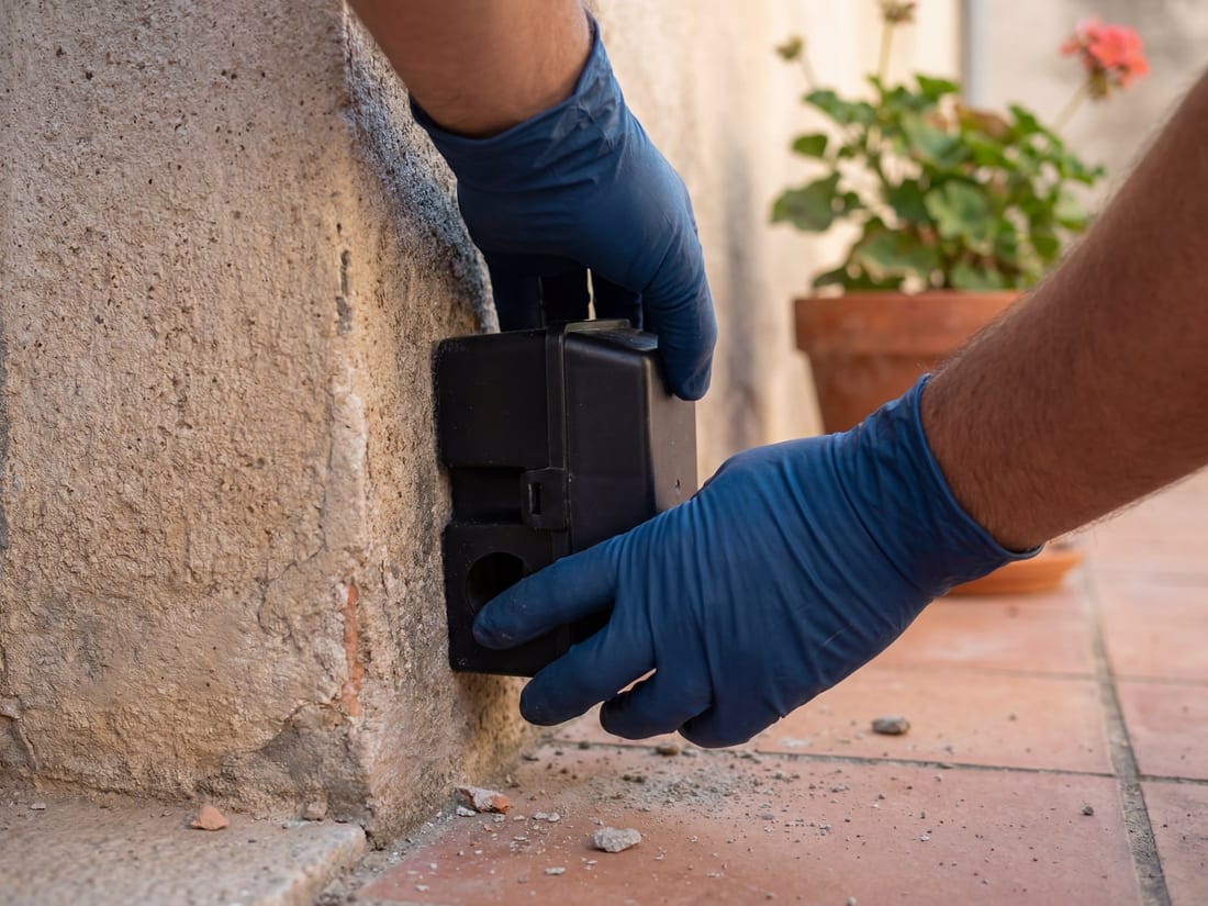 Instalación de un portacebos de seguridad para el control de roedores en un edificio de Mallorca