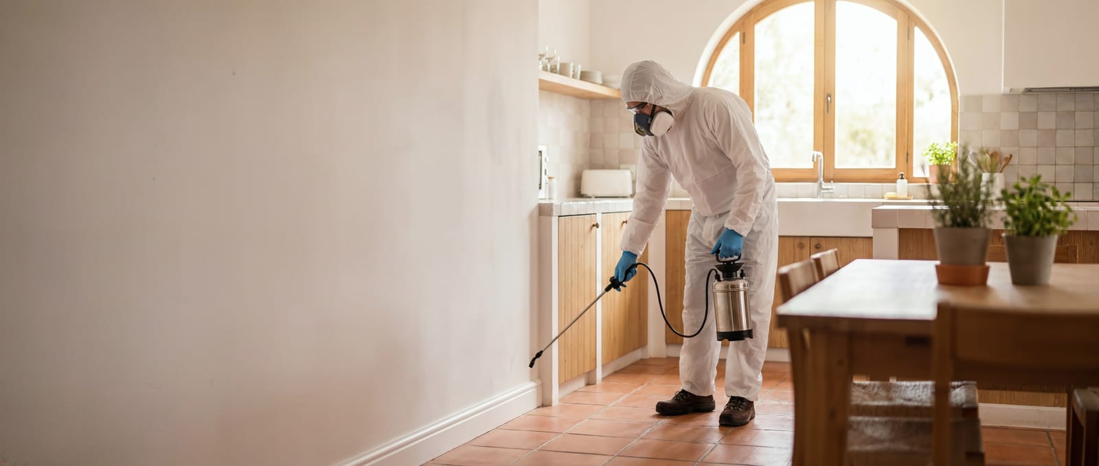 Técnico de control de plagas pulverizando el rodapié de una vivienda en Mallorca