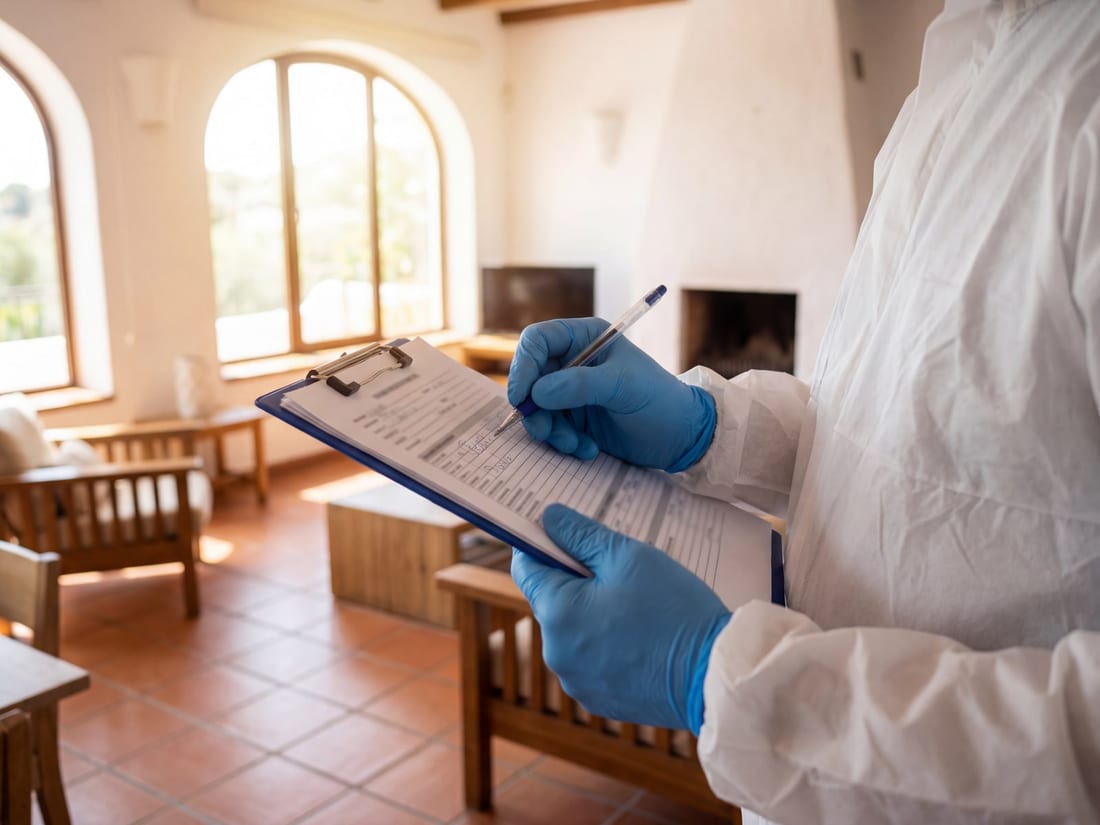 Técnico de control de plagas preparando el plan de tratamiento sobre un portapapeles en una vivienda de Mallorca