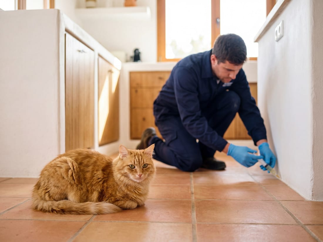 Tratamiento de control de plagas seguro para mascotas en una vivienda de Mallorca, con un gato tranquilo en la cocina