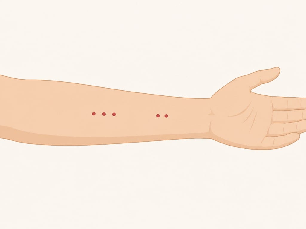 Ilustración del patrón de picaduras de chinche, varias en línea sobre el brazo