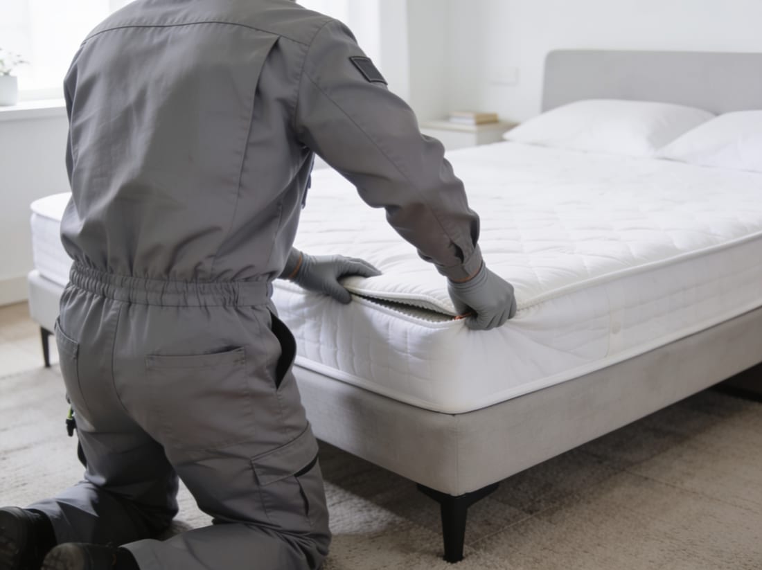 Técnico de Termicor inspeccionando un dormitorio en busca de chinches en Mallorca