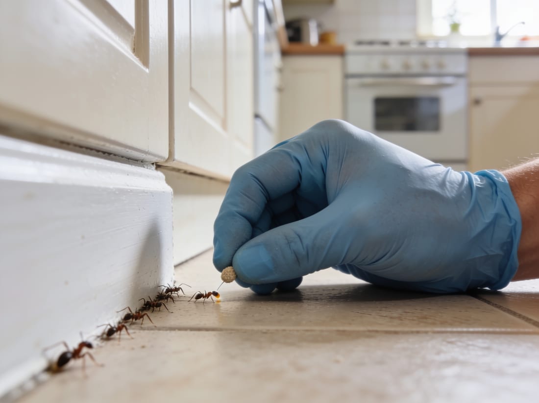 Aplicación de cebo para hormigas en un punto de paso de una cocina en Mallorca