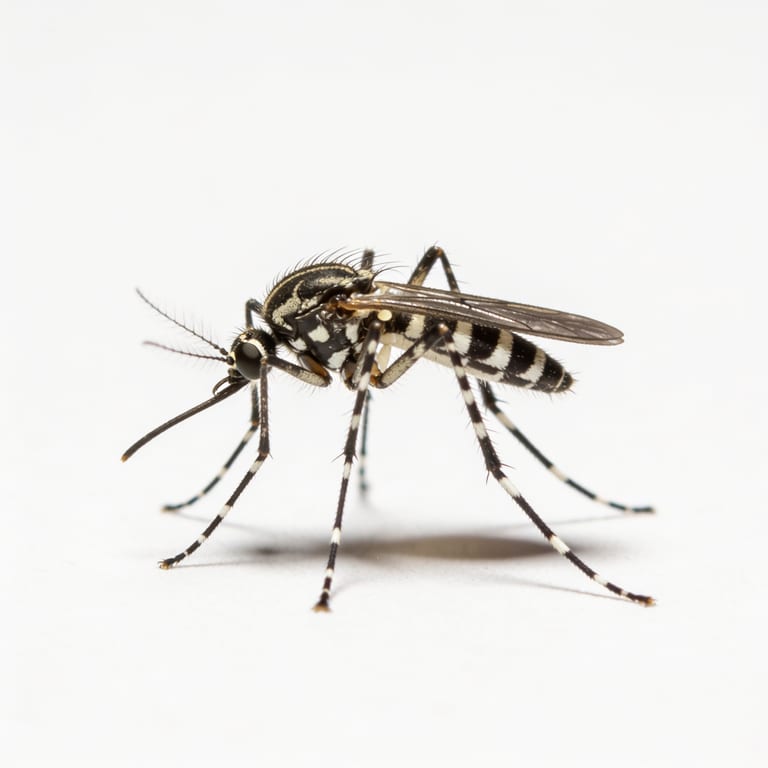 Mosquito tigre (Aedes albopictus) con sus características rayas blancas y negras