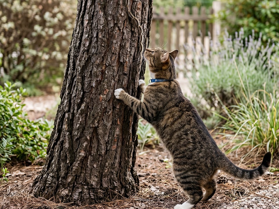 Gato junto a un pino en un jardín, una situación de riesgo de contacto con la procesionaria