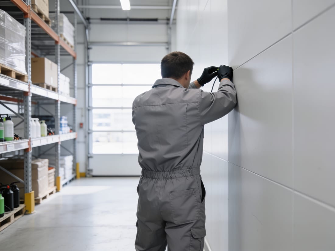 Técnico de Termicor inspeccionando el almacén de una empresa en Mallorca