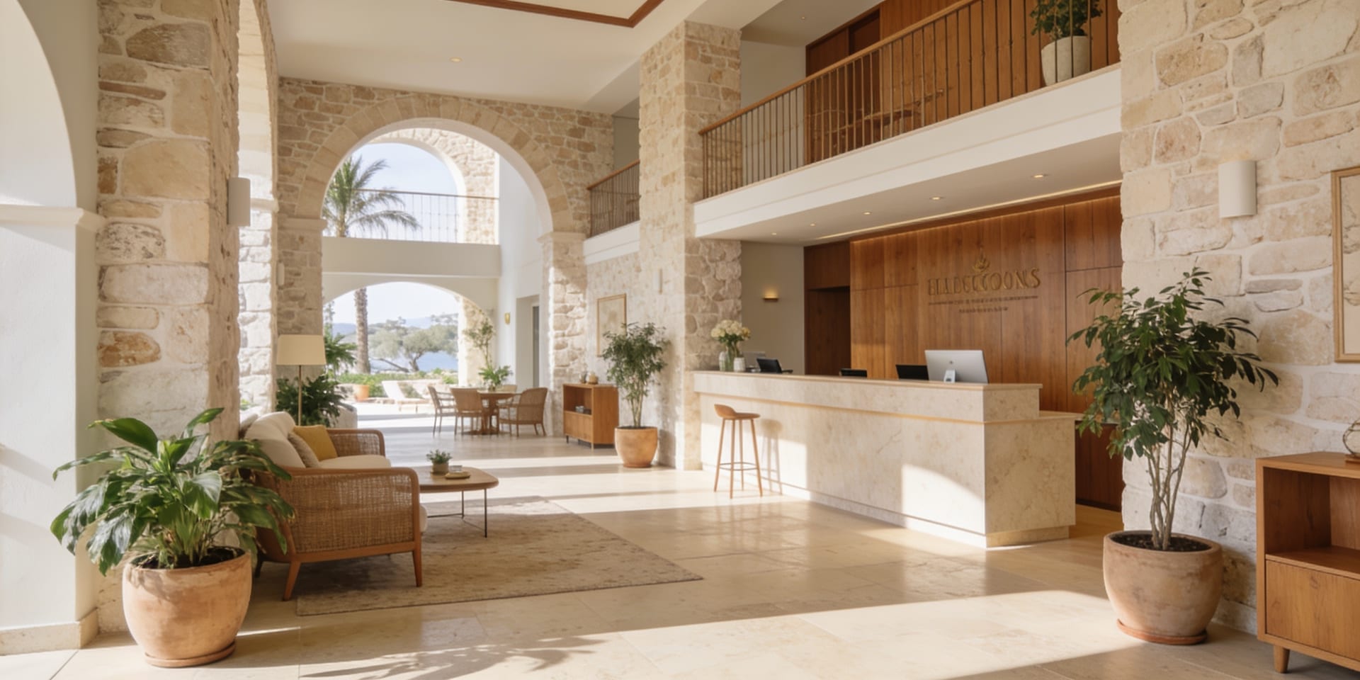 Recepción luminosa de un hotel en Mallorca