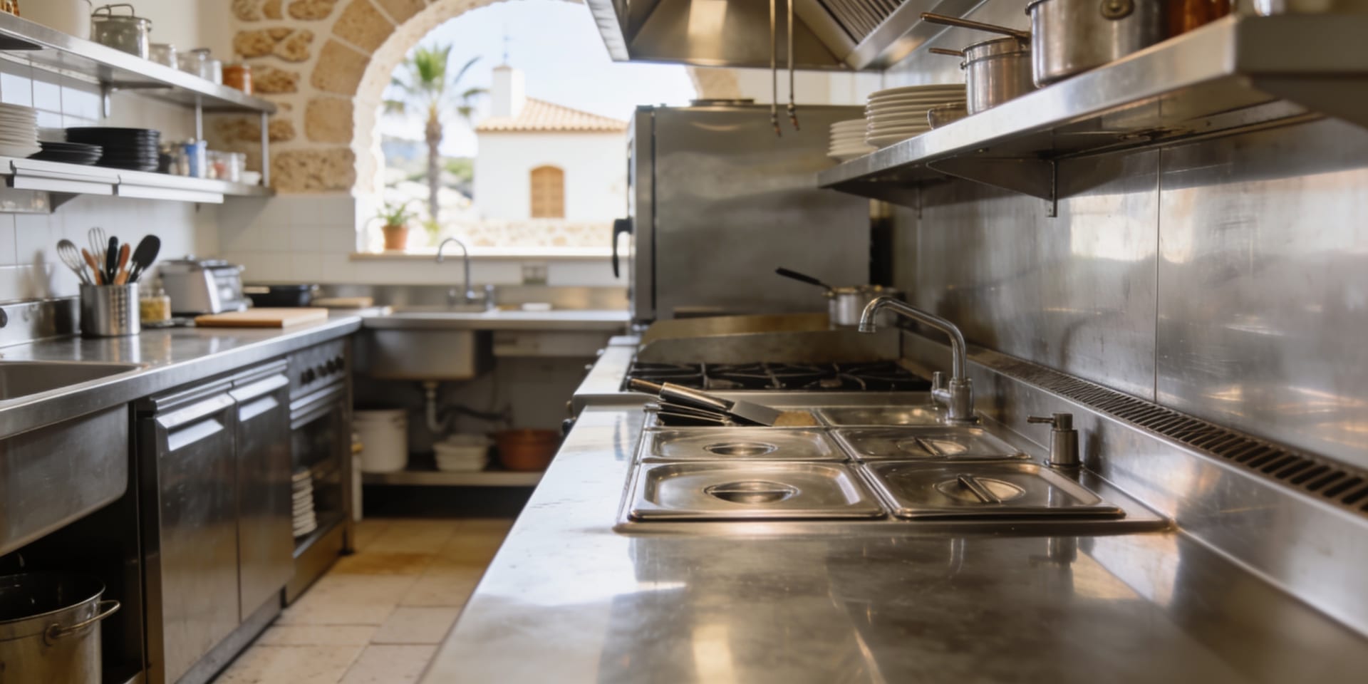 Cocina de restaurante limpia y luminosa en Mallorca