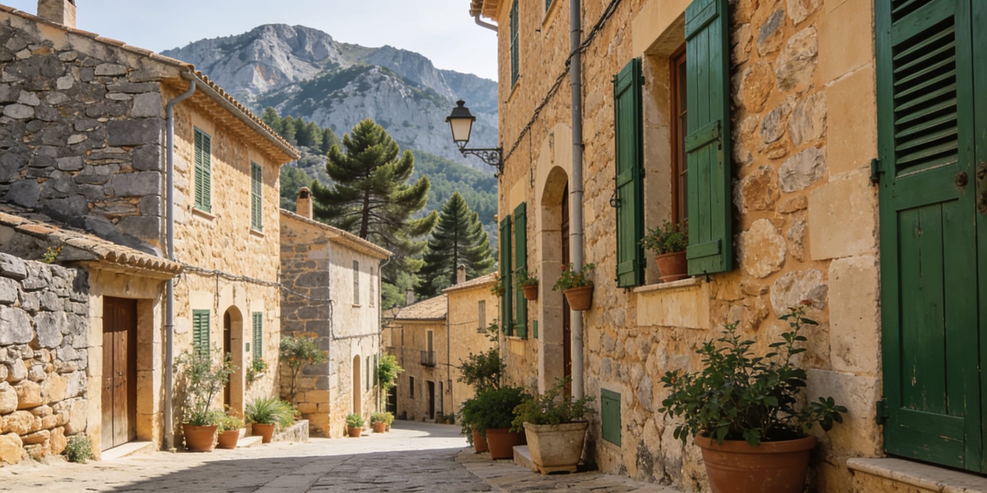 Calle tradicional de Pollença con las montañas de la Tramuntana al fondo