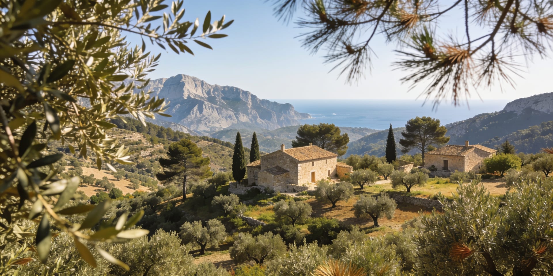 Paisaje de Mallorca con casas tradicionales, olivos y la sierra al fondo
